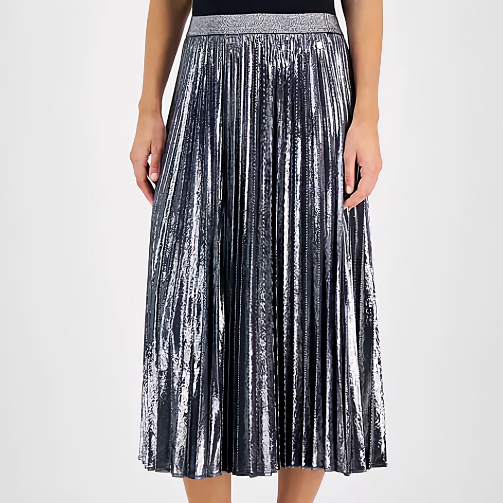 Tommy Hilfiger Metallic Pleated Midi Silver Pull On Flare Skirt Womens S NWT